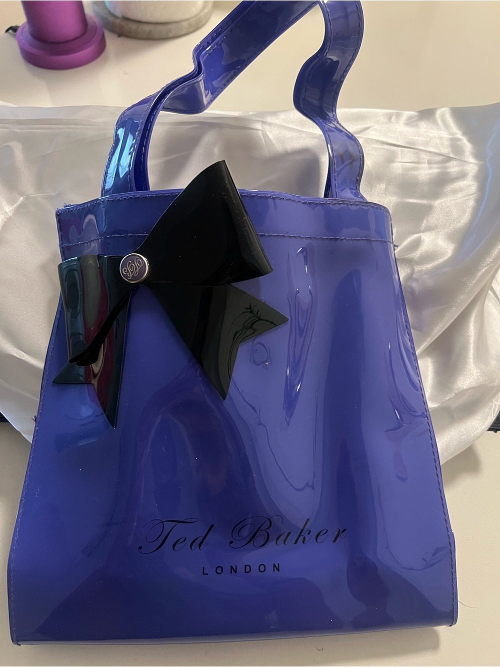 Ted Baker Blue Patent Mini Tote with Black Bow